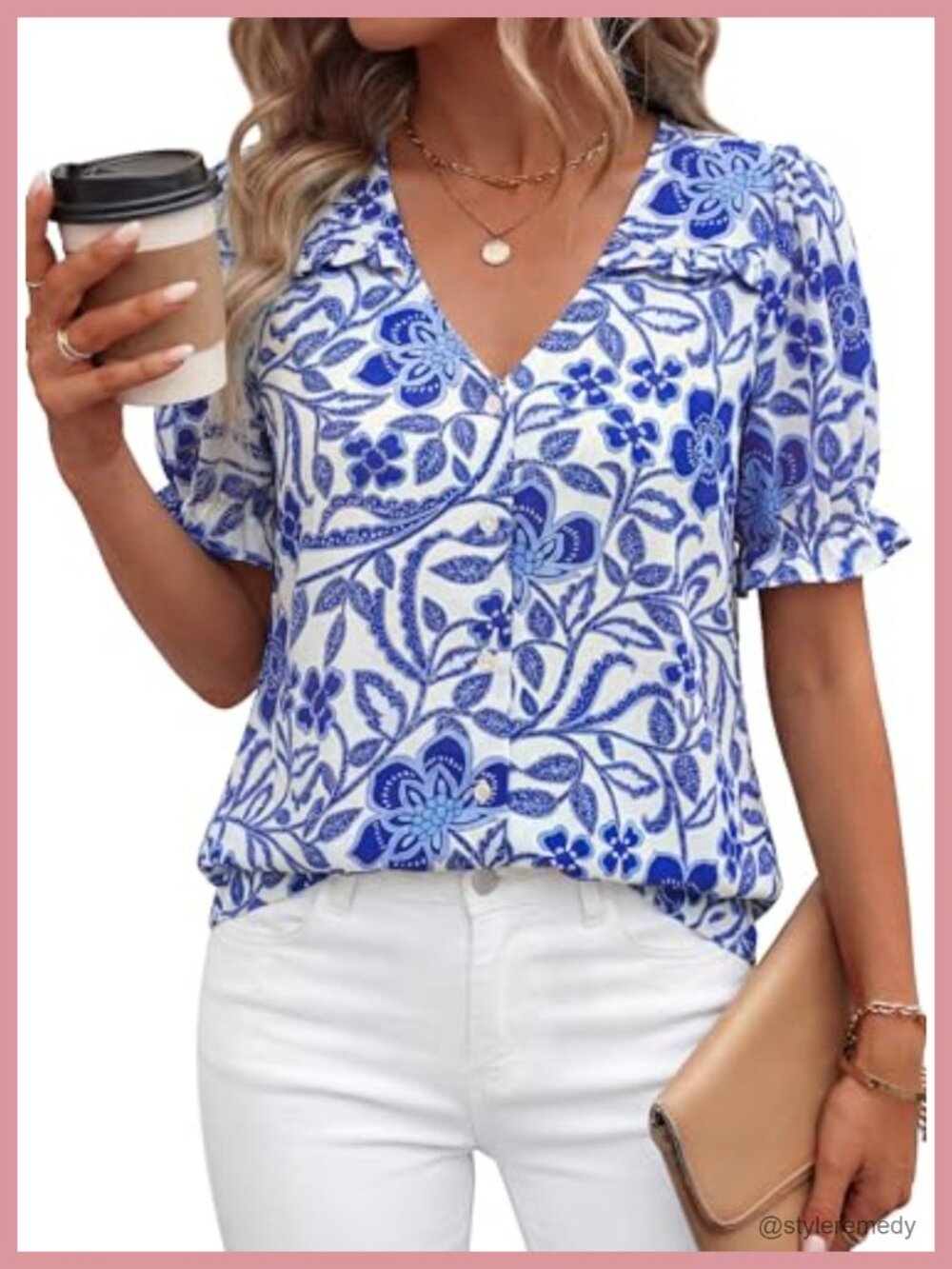 Womens Boho Floral V Neck Puff Sleeve Peasant Blouse Summer Top